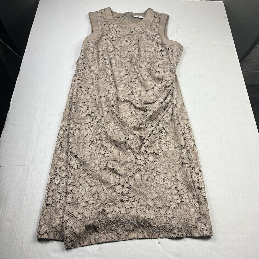 Calvin Klein Lace Ruched Sheath Dress Beige Back Zip Sleeveless Work Size 10